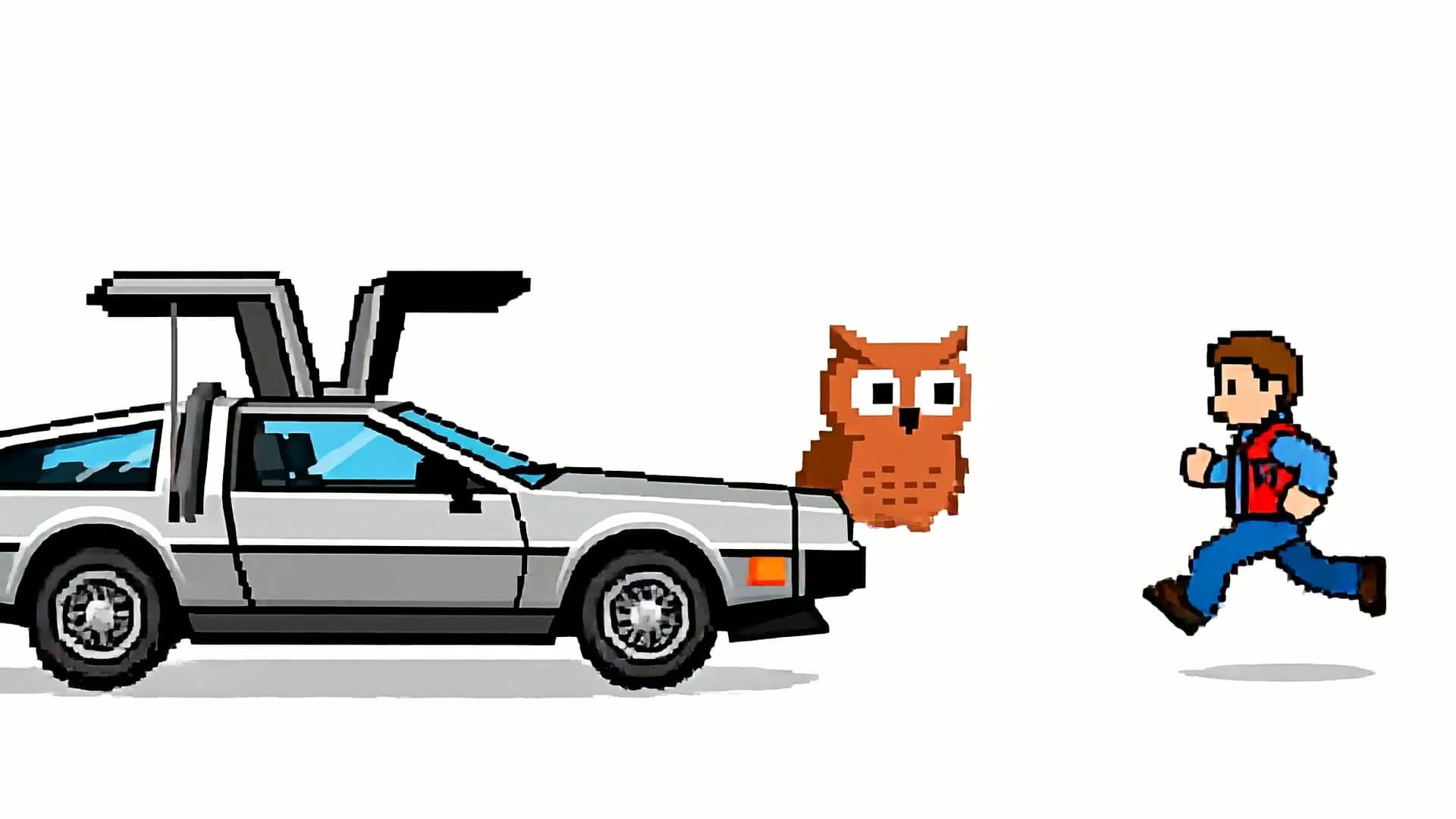 DeLorean pixel art con búho Modocheto