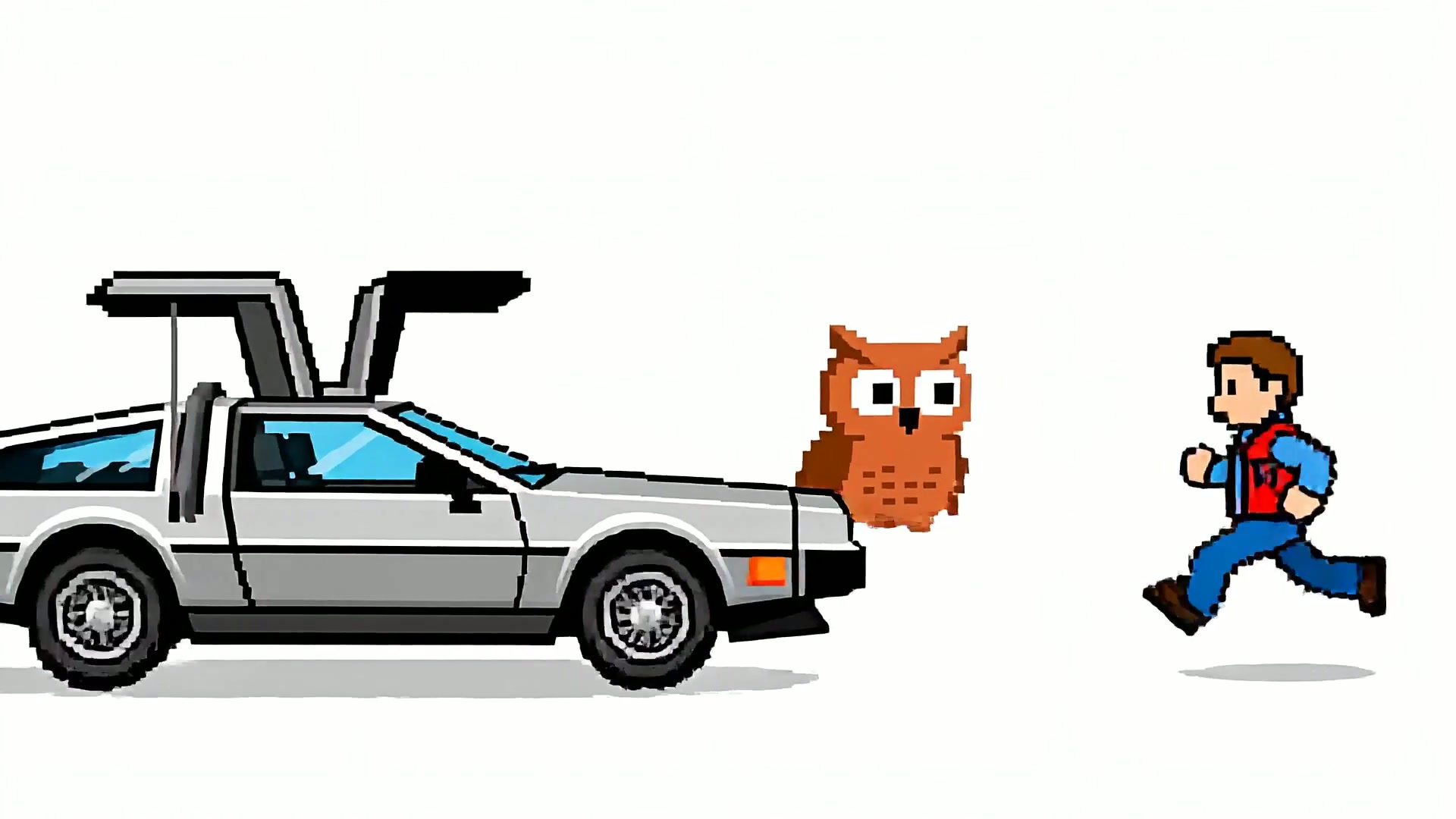 DeLorean pixel art con búho Modocheto