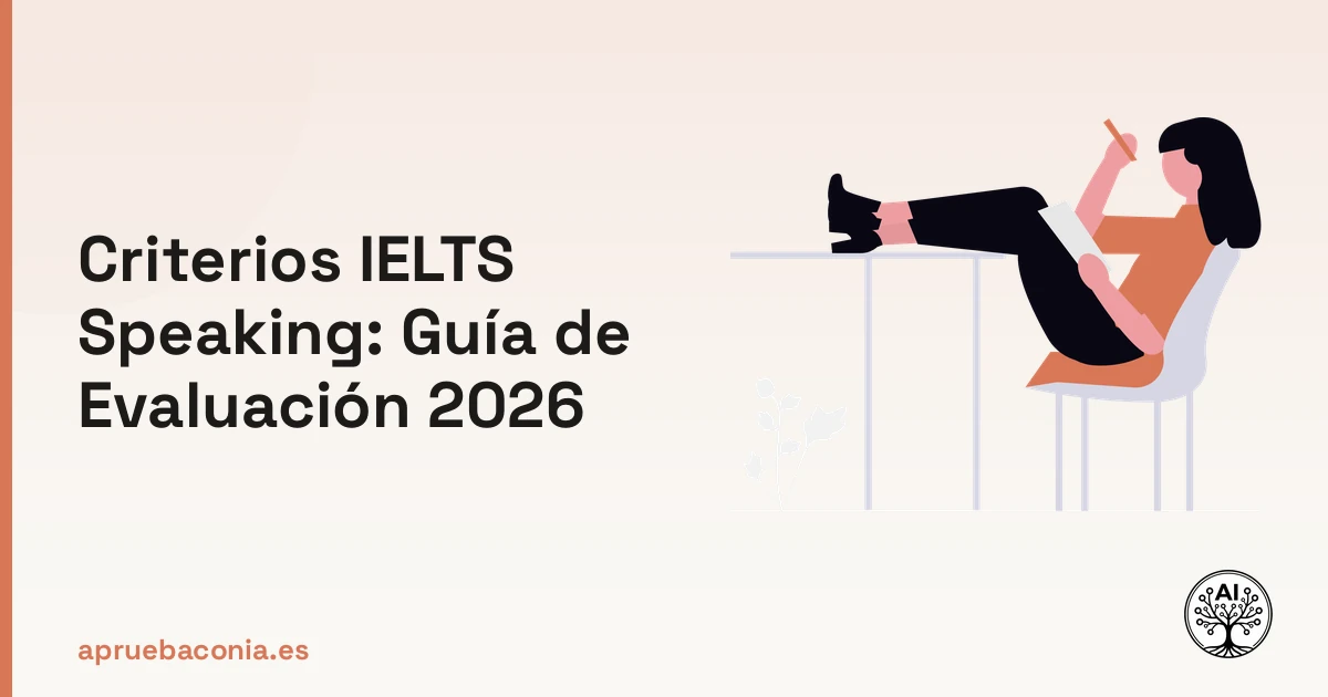 Ilustración de preparación para examen sobre los criterios IELTS speaking en la guía de evaluación 2026.