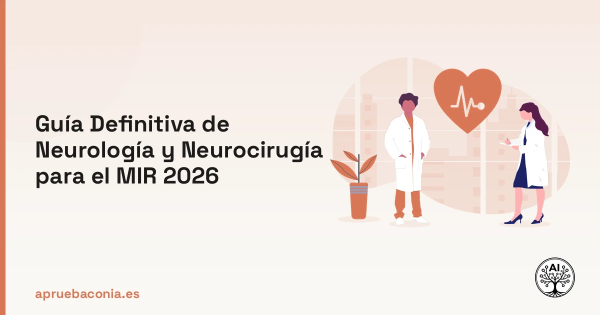 Ilustración de elementos médicos representando la guía de neurología y neurocirugía para el examen MIR 2026