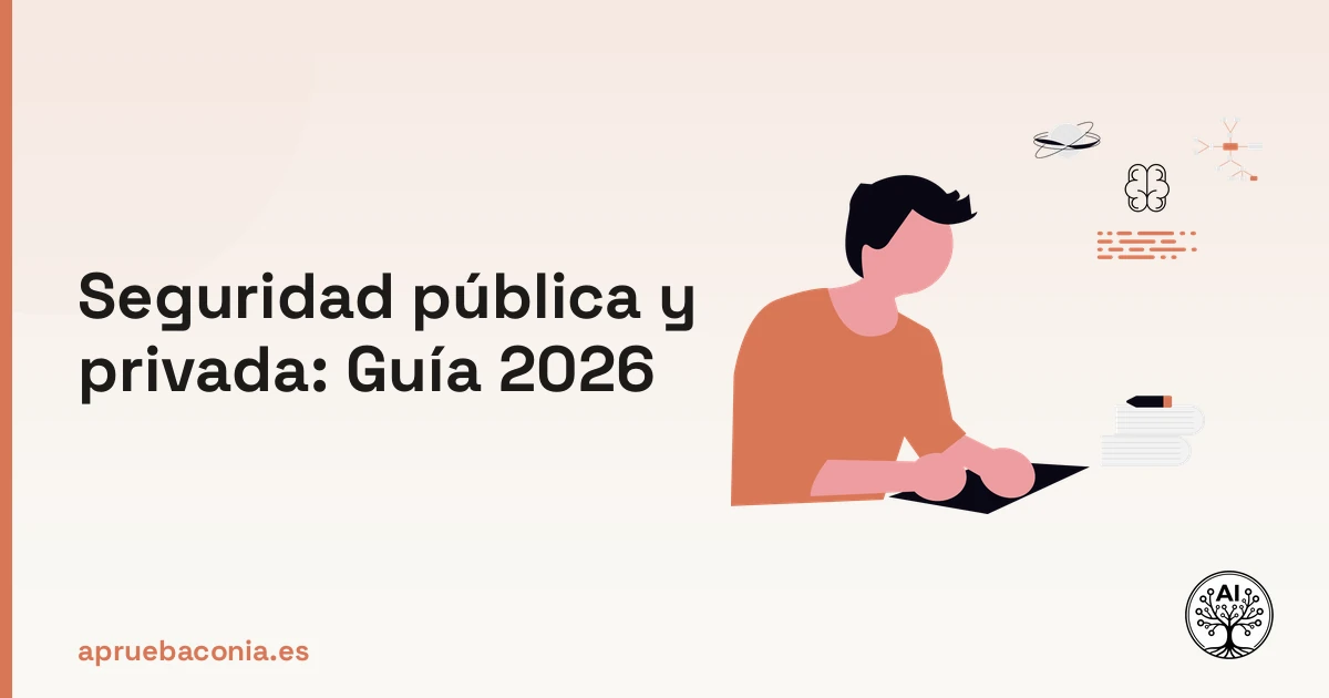 Ilustración de un asistente virtual analizando datos sobre seguridad pública y privada para la guía 2026.