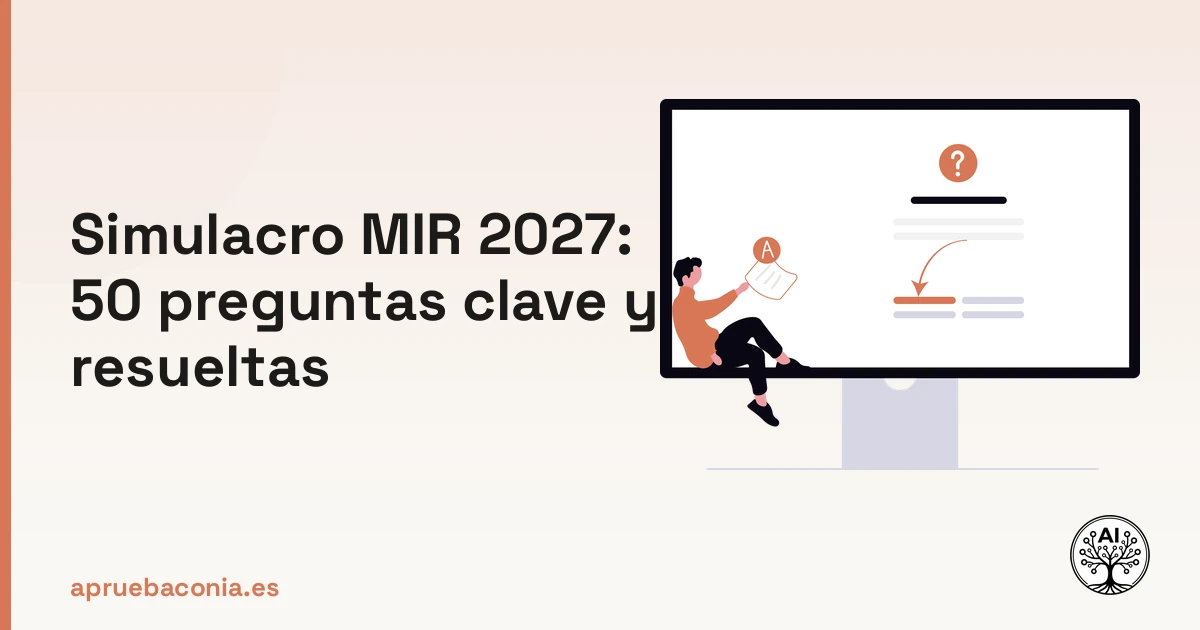 Ilustración de examen digital para el simulacro MIR 2027 con preguntas clave resueltas.