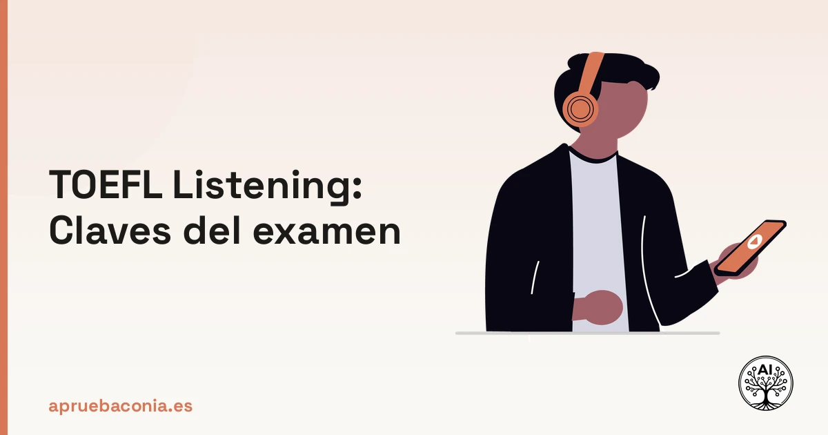 Ilustración de un estudiante escuchando audios para dominar las claves del examen TOEFL Listening.