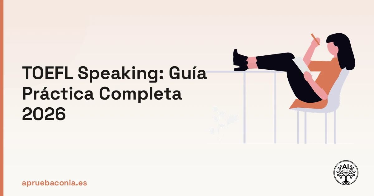 Ilustración de preparación para el examen TOEFL speaking en una guía completa para estudiantes en 2026.