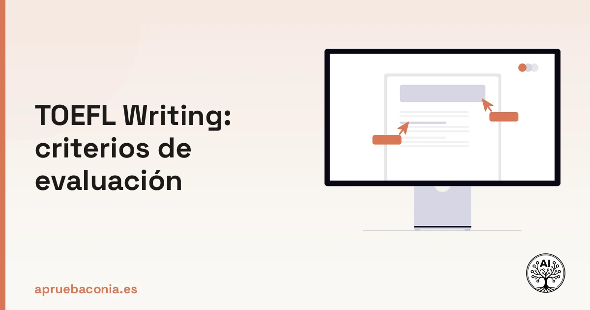 Ilustración de escritura colaborativa sobre los criterios de evaluación esenciales del TOEFL writing.