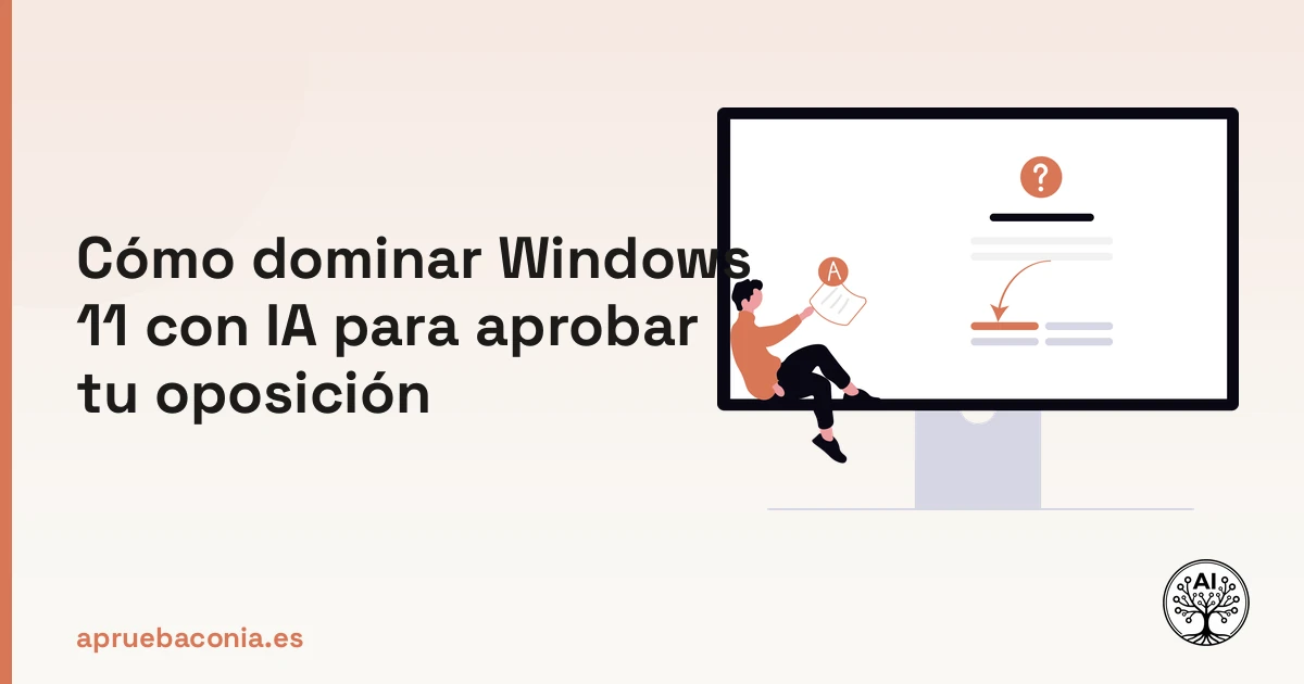 Ilustración de estudiante realizando un test online sobre Windows 11 para preparar su oposición.