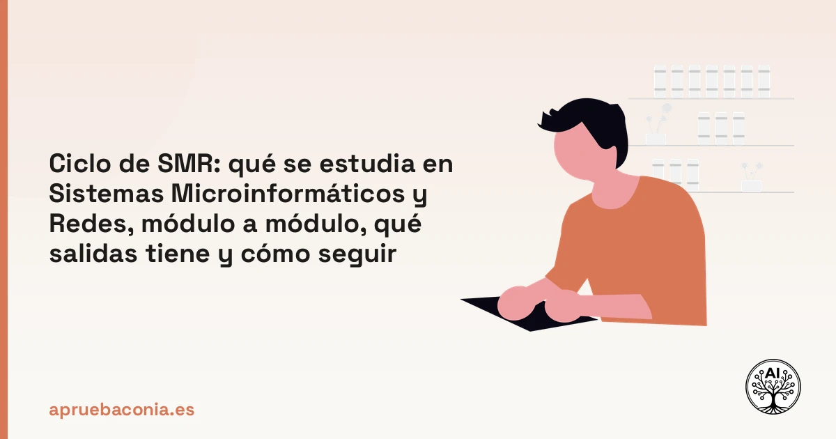 Ilustración de una persona trabajando con su portátil sobre el ciclo de SMR y sus salidas profesionales.