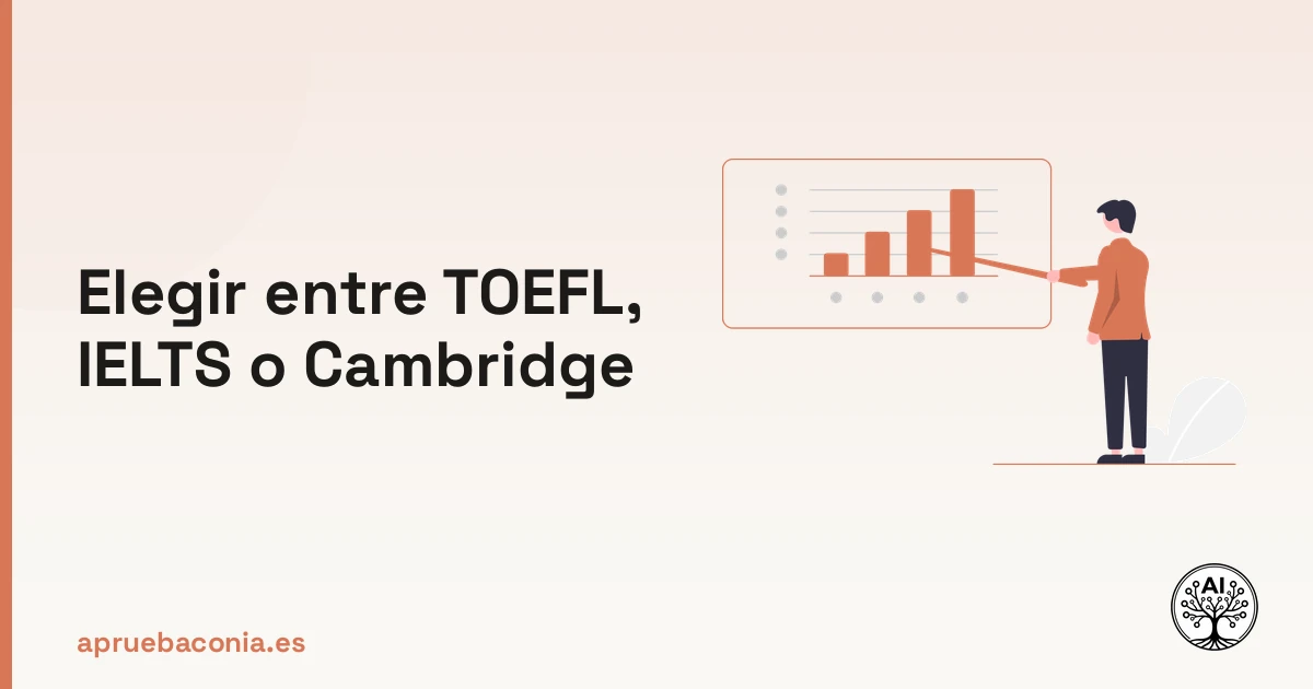 Ilustración de un plan estratégico para elegir entre TOEFL, IELTS o Cambridge con éxito académico.