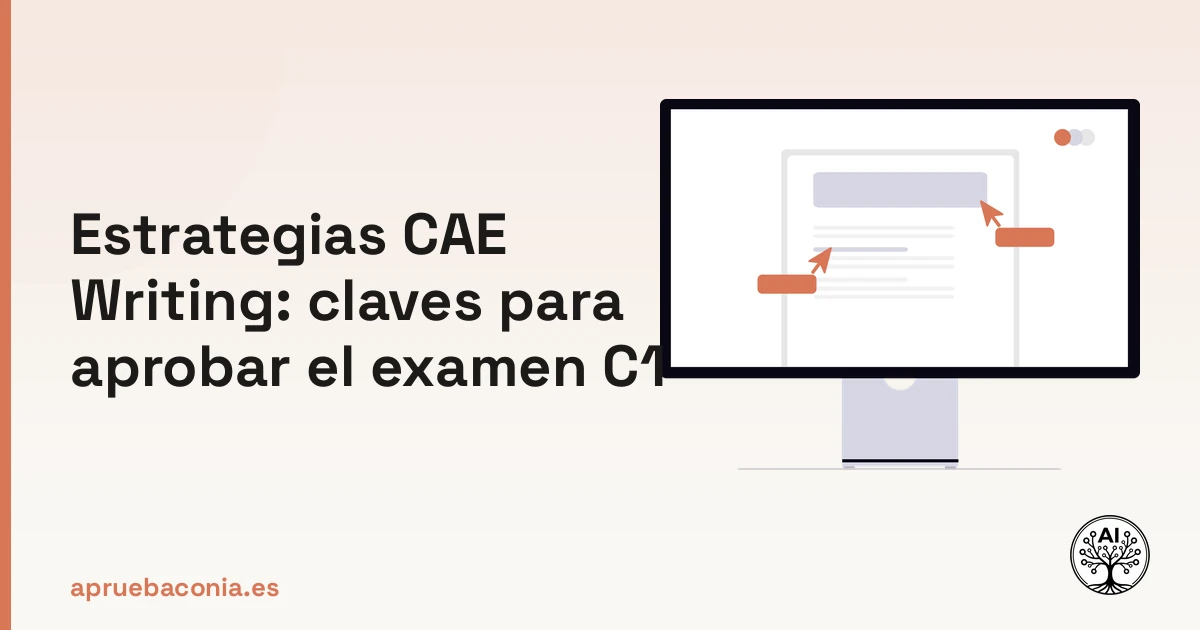 Ilustración de escritura colaborativa para aplicar estrategias CAE Writing y aprobar el examen C1 de Cambridge.