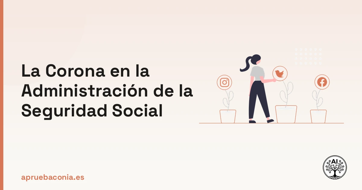 Ilustración de estrategia social que vincula la corona constitucional con la gestión de la Seguridad Social.