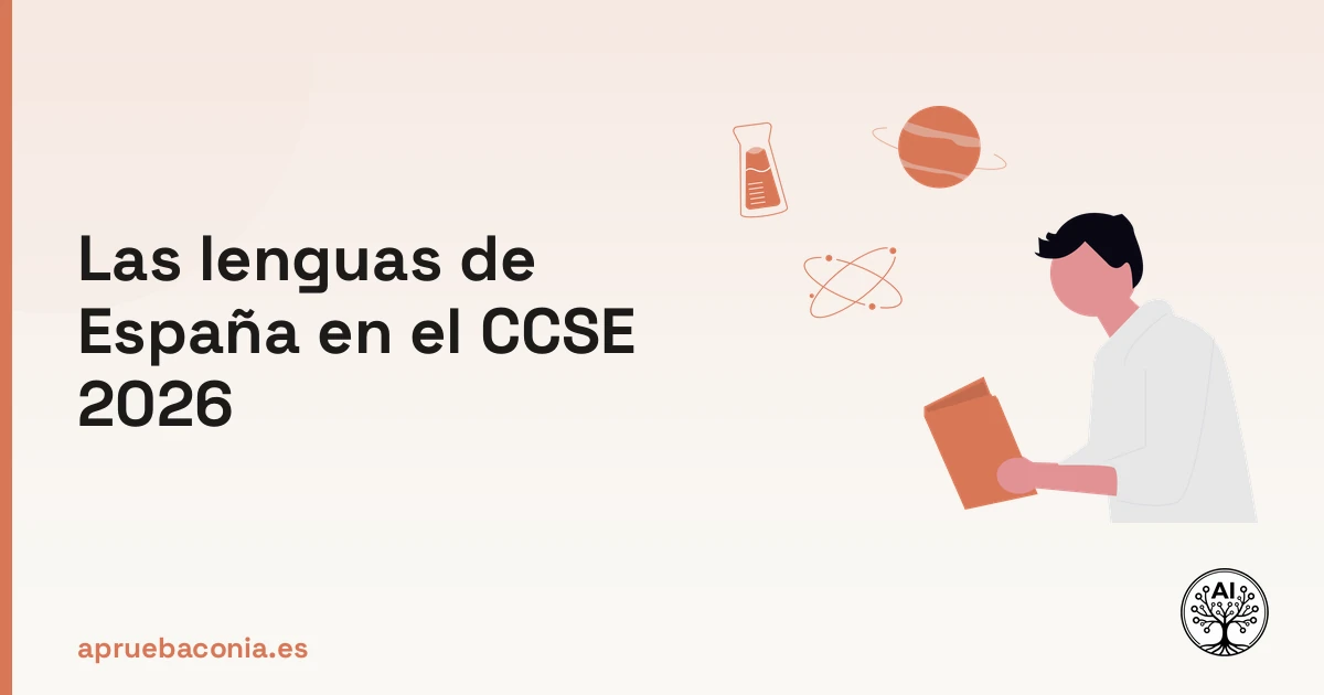 Ilustración de una persona analizando conceptos para el examen CCSE 2026 sobre las lenguas de España.
