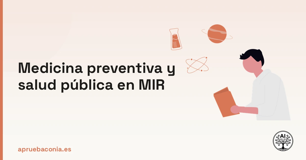Ilustración de un estudiante analizando conceptos de medicina preventiva y salud pública para el examen MIR.