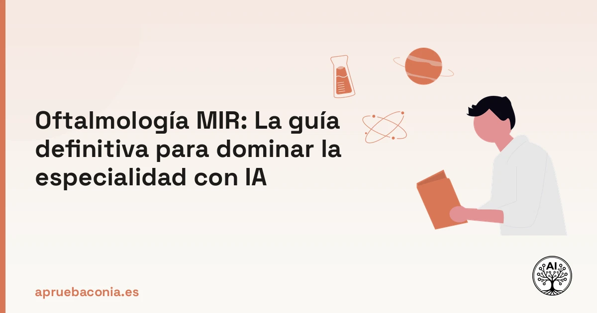 Ilustración de un estudiante analizando conceptos de oftalmología para el examen MIR con ayuda de IA.