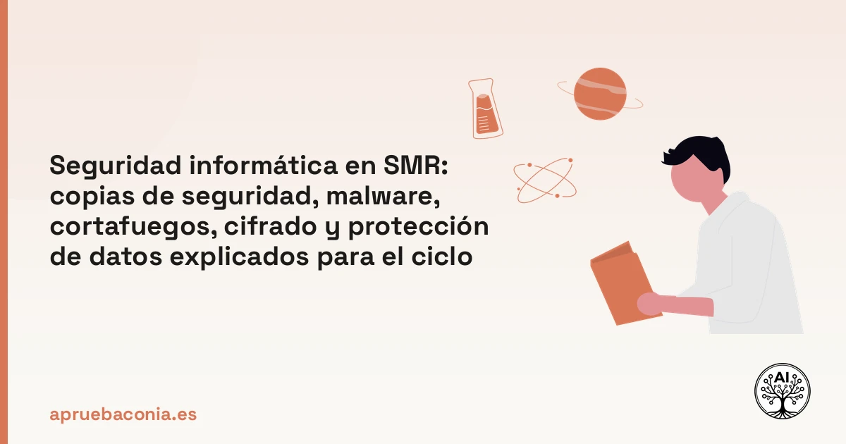 Ilustración de un estudiante analizando conceptos clave de seguridad informática para el ciclo de SMR.