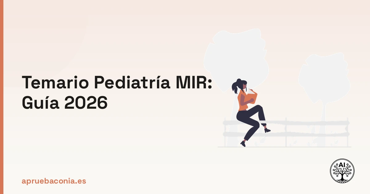 Ilustración de estudiante leyendo el Temario Pediatría MIR para la preparación de la convocatoria 2026.