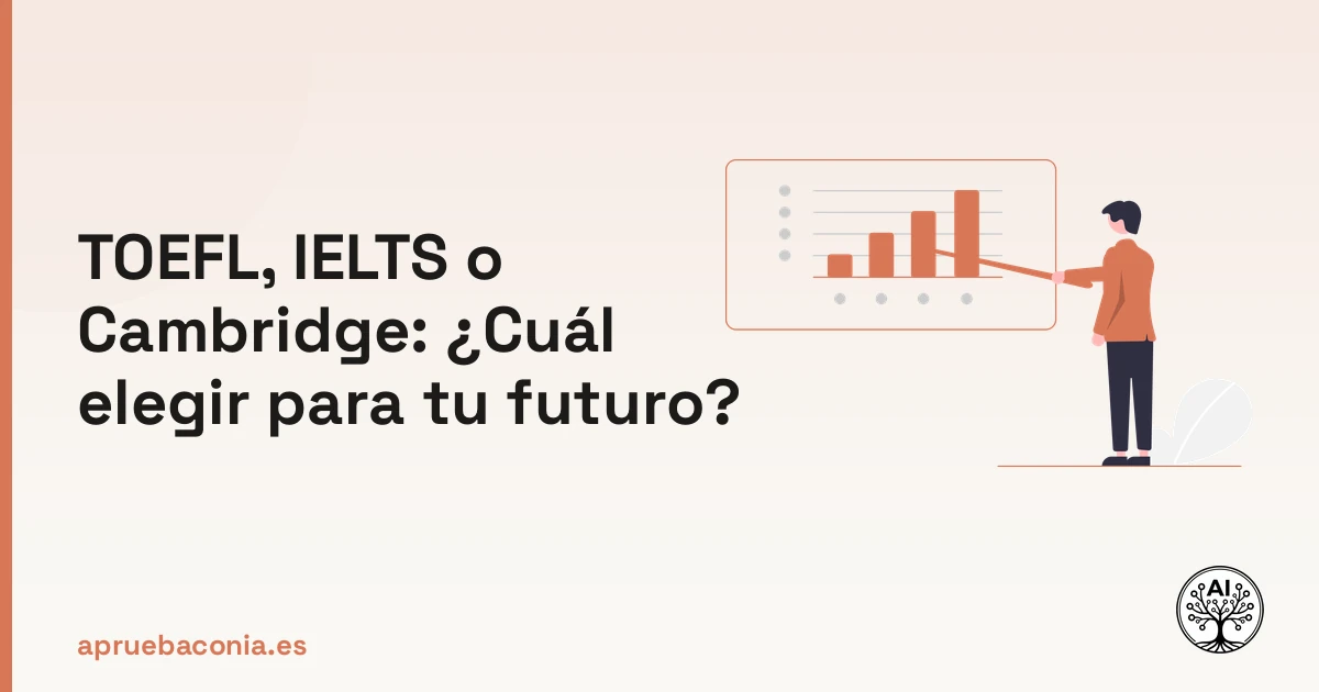 Ilustración de plan estratégico para elegir entre TOEFL IELTS o Cambridge según objetivos profesionales.