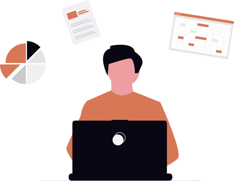 Ilustración de una persona usando herramientas digitales para estudiar leyes de protección de datos.
