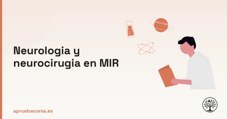 Ilustración de estudiante analizando esquemas científicos para estudiar neurologia y neurocirugia en el MIR