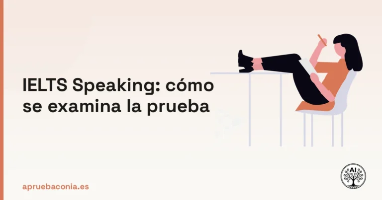 Ilustración de preparación para el examen IELTS Speaking con materiales de estudio y planificación académica.