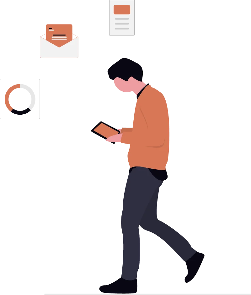 Dibujo de una oficina móvil que simboliza las herramientas y recursos de estudio esenciales para Outlook 365.