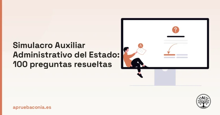Ilustración de un examen digital para el simulacro Auxiliar Administrativo del Estado con 100 preguntas.
