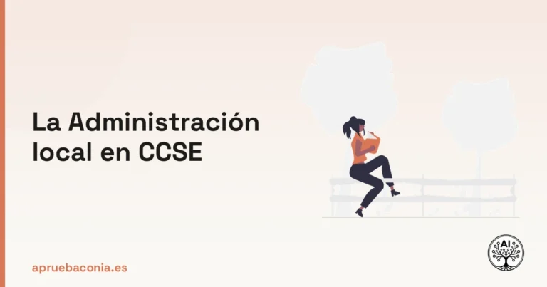 Ilustración de una persona leyendo un libro sobre la administración local para el examen CCSE.