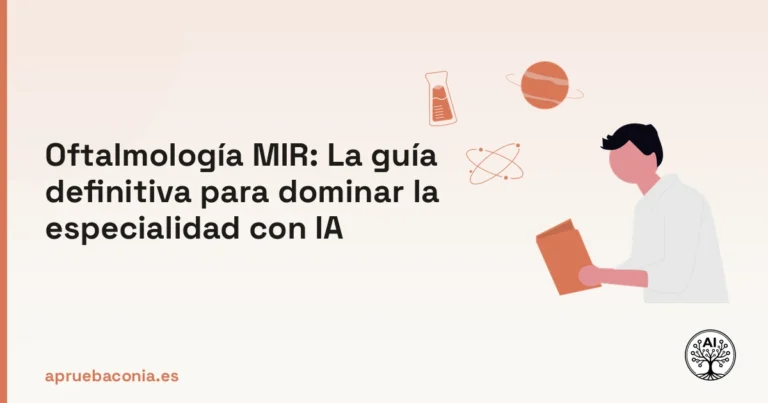 Ilustración de un estudiante analizando conceptos de oftalmología para el examen MIR con ayuda de IA.