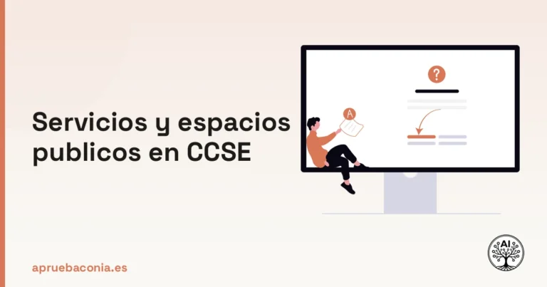 Ilustración de persona realizando un examen online sobre servicios y espacios públicos para el CCSE.